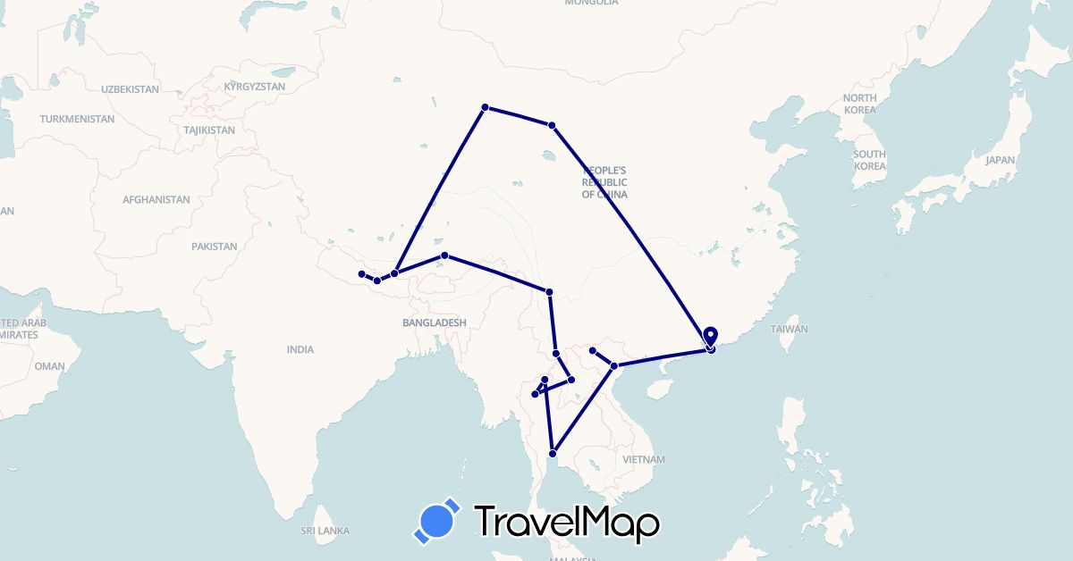 TravelMap itinerary: driving in China, Hong Kong, Laos, Nepal, Thailand, Vietnam (Asia)